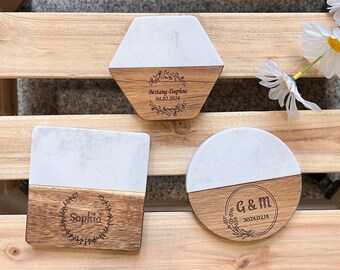 Personalized Marble Wooden Coasters,Custom Engraved Coasters,Housewarming Gift,Wedding Gift,Engagement Gift,Gift for mom,Bridal Shower Gift