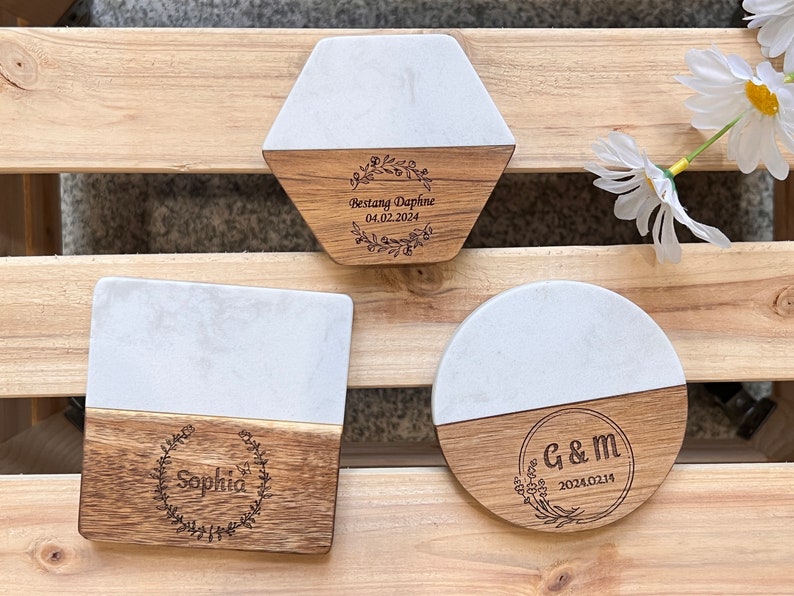 Personalized Marble Wooden Coasters,Custom Engraved Coasters,Housewarming Gift,Wedding Gift,Engagement Gift,Gift for mom,Bridal Shower Gift image 1