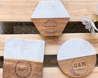 Personalized Marble Wooden Coasters Set,Custom Wood Engraved Coasters,Housewarming Gift,Wedding Gift,Engagement Gift,Bridal Shower Gift