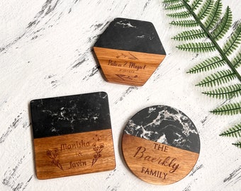 Personalized Marble Wooden Coasters,Custom Engraved Coasters,Housewarming Gift,Wedding Gift,Engagement Gift,Gift for mom,Bridal Shower Gift