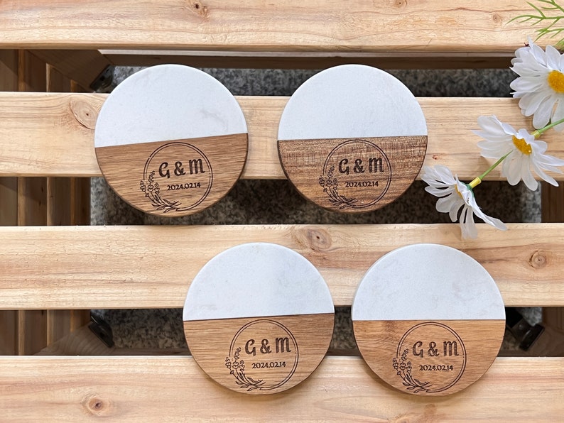 Personalized Marble Wooden Coasters,Custom Engraved Coasters,Housewarming Gift,Wedding Gift,Engagement Gift,Gift for mom,Bridal Shower Gift image 4