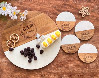 Personalized Round Marble Wooden Charcuterie Board Set with Coasters,Custom Cheese Board,Housewarming Gift,Engagement Gift,Wedding Gift