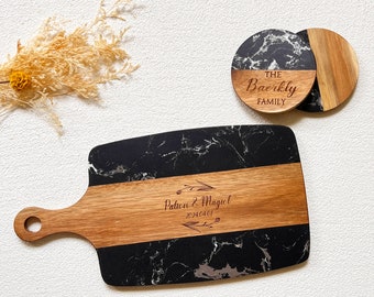 Personalized Marble Wooden Charcuterie Board Set with Coasters,Custom Cheese Board Gift,Engagement Gift,Housewarming Gift,Wedding Gift