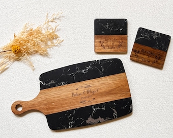 Personalized Marble Acacia Wood Charcuterie Board Set with Coasters
