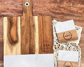 Personalized Marble & Acacia Wood Charcuterie Board Set with Coasters