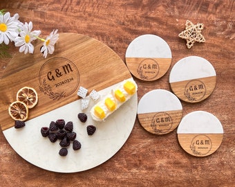 Personalized Round Marble Wooden Charcuterie Board Set with Coasters,Custom Cheese Board,Housewarming Gift,Engagement Gift,Cheese Lover Gift