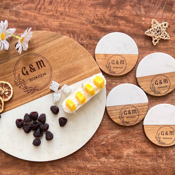 Personalized Round Marble Wooden Charcuterie Board Set with Coasters,Custom Cheese Board,Housewarming Gift,Engagement Gift,Cheese Lover Gift