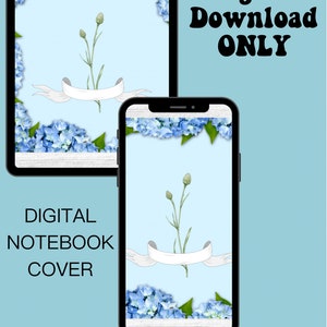 May include: Digital download only. A blue and white floral Good Notes 5 planner cover with a white ribbon and a single green stem with two small blue flowers.
