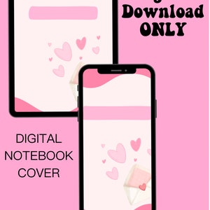 May include: Digital download only. A pink and white Good Notes 5 planner cover with a pink envelope and hearts. The text "Digital Notebook Cover" is at the bottom of the image.