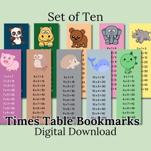 Puede incluir: Conjunto de diez marcapáginas de tablas de multiplicar coloridos. Cada marcapáginas presenta una ilustración de un animal y operaciones de multiplicación. Descarga digital, para uso educativo.