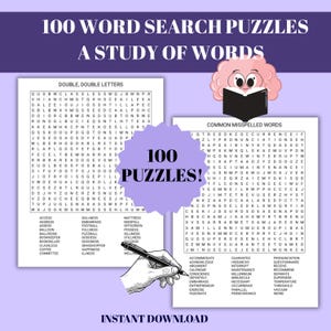 Puede incluir: Una colección de 100 sopas de letras titulada A Study of Words, con dos páginas blancas con cuadrículas de letras y listas de palabras, un cerebro rosa de dibujos animados leyendo un libro y una mano sosteniendo un bolígrafo negro sobre fondo morado.