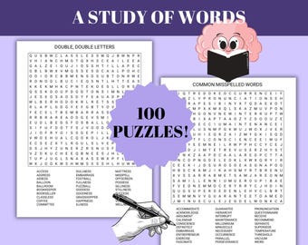 A Study of Words, 100 Challenging Word Search Puzzles for Adults, Printable Puzzles, Digital Download