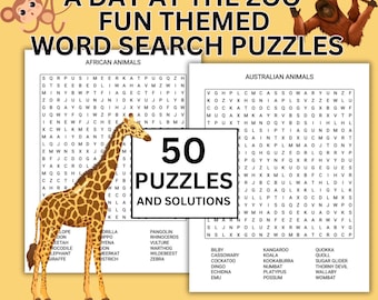 Zoo Word Search Puzzle Bundle: 50 Printable Animal Activity Games (PDF Download