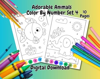 Adorable Animals Color By Number: 10 Coloring Pages (Digital Download)