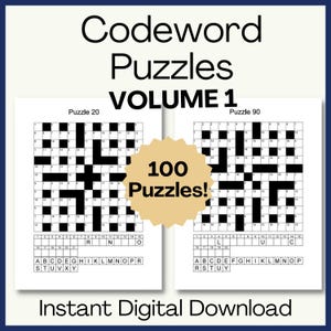 Op de afbeelding: Een digitale download met twee codewoordpuzzels uit Volume 1, met de tekst "100 Puzzles!" in een ster. De puzzels staan op wit papier met zwarte rasterlijnen en genummerde vierkanten. De tekst "Instant Digital Download" staat onderaan.