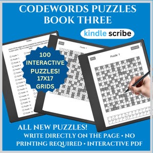 Può includere: Codewords Puzzles Book Three per Kindle Scribe con 100 puzzle interattivi e griglie 17x17. Il libro digitale mostra una pagina indice, una pagina puzzle e una pagina puzzle con uno stilo che scrive sullo schermo. Include PDF interattivo.
