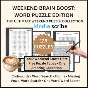 May include: A digital word puzzle collection for Kindle Scribe featuring 125 puzzles including codewords, word search, fill ins, missing vowel word search, and one word word search. Includes a cup of coffee with heart-shaped latte art and a stylus.