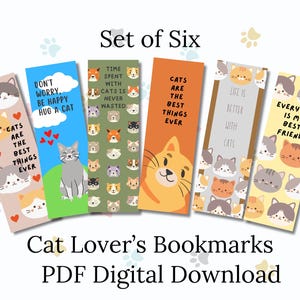 Cat Bookmarks | Set of 6 Printable Cat Lover Bookmarks | Instant Download | Gift For Cat Moms and Book Lovers