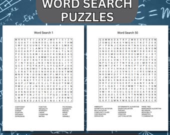 Könnte beinhalten: Zwei schwarz-weiße Wortsuchrätsel mit dem Titel "Math Terms Word Search Puzzles". Das erste Rätsel ist mit "Word Search 1" und das zweite Rätsel mit "Word Search 50" beschriftet. Unter jedem Rätsel befindet sich eine Liste mathematischer Begriffe.