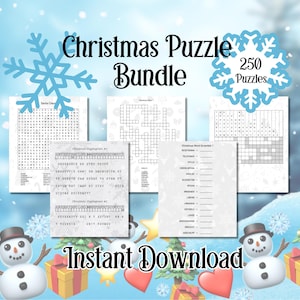May include: A digital download of 250 Christmas-themed word search, crossword, and word scramble puzzles. The image shows a variety of puzzle samples with a snowflake design and the text "Christmas Puzzle Bundle 250 Puzzles" and "Instant Download".