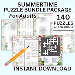 May include: A collection of puzzle books with the text "SUMMERTIME PUZZLE BUNDLE PACKAGE For Adults" and "140 PUZZLES AND SOLUTIONS". The puzzles include word searches, mazes, and crosswords. An orange pencil is in the image. The words "INSTANT DOWNLOAD" are at the bottom.