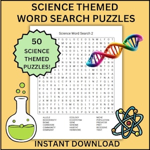 Puede incluir: Un rompecabezas de búsqueda de palabras con temática científica con el texto "Science Word Search 2" y un gráfico de hebra de ADN. La imagen incluye un vaso de precipitados, un gráfico de átomo y las palabras "50 Science Themed Puzzles!" y "Instant Download".