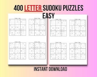 Könnte beinhalten: Ein druckbares Blatt mit sechs einfachen Buchstaben-Sudoku-Rätseln. Jedes Rätsel hat ein 9x9-Raster mit Buchstaben anstelle von Zahlen. Die Rätsel sind mit "Puzzle 1-Einfach" bis "Puzzle 6-Einfach" beschriftet.