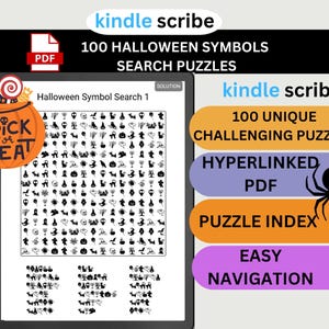 以下が含まれることがあります： Kindle Scribeの画面には、さまざまなシンボルを使ったハロウィーンをテーマにした検索パズルが表示されています。画像には、「Trick or Treat」というテキストが入ったカボチャ、PDFアイコン、および「100 Halloween Symbols Search Puzzles」というテキストが含まれています。追加のテキストは、「100 Unique Challenging Puzzles」などの機能を強調しています。