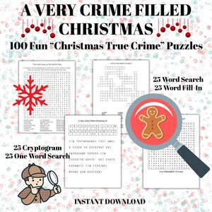 May include: A festive Christmas-themed puzzle set with the text "A Very Crime Filled Christmas." The image features word searches, cryptograms, and other puzzles. A magnifying glass highlights a gingerbread man. The words "Instant Download" are also visible.