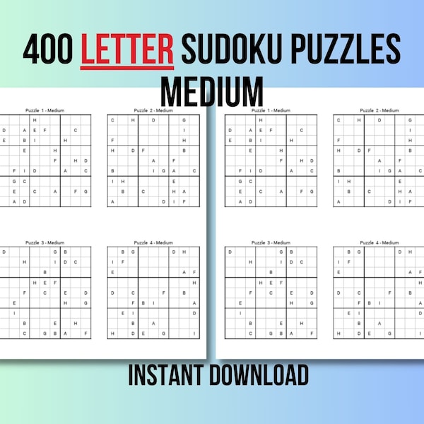 400 Medium Letter Sudoku Puzzles, Worduku Puzzles, Instand Download Puzzle Book