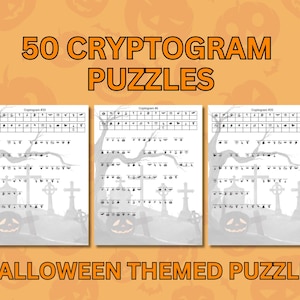 K&ouml;nnte beinhalten: Eine Sammlung von 50 Kryptogramm-R&auml;tseln mit Arbeitsbl&auml;ttern zum Thema Halloween. Jede Seite zeigt ein Raster aus Symbolen &uuml;ber Textzeilen vor einem Hintergrund mit einer Friedhofsillustration, Grabsteinen und einem K&uuml;rbiskopf.