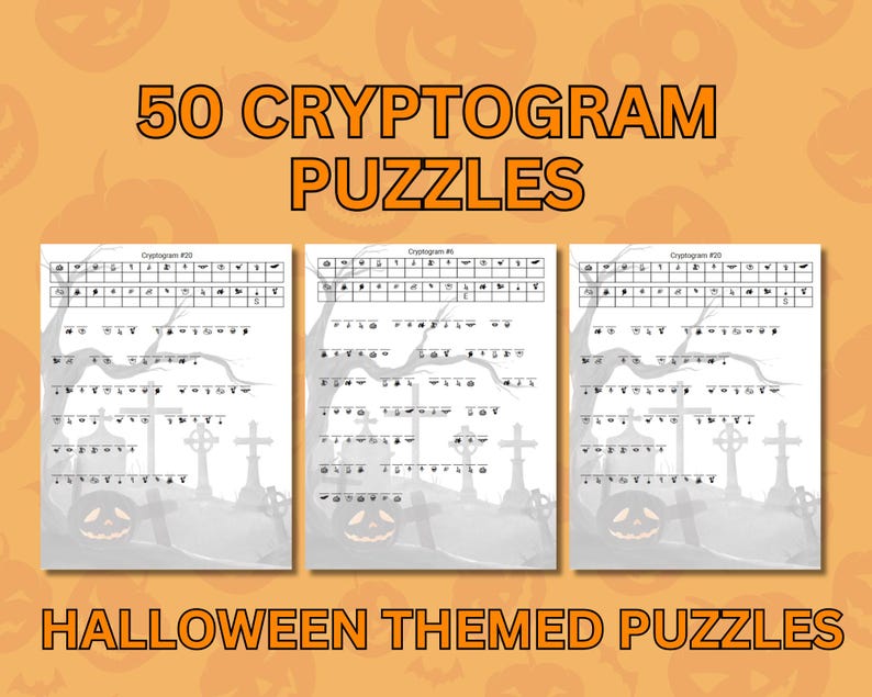 K&ouml;nnte beinhalten: Eine Sammlung von 50 Kryptogramm-R&auml;tseln mit Arbeitsbl&auml;ttern zum Thema Halloween. Jede Seite zeigt ein Raster aus Symbolen &uuml;ber Textzeilen vor einem Hintergrund mit einer Friedhofsillustration, Grabsteinen und einem K&uuml;rbiskopf.