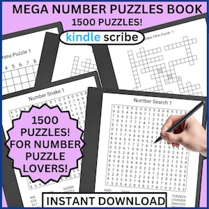 Puede incluir: Portada digital de libro con "MEGA NUMBER PUZZLES BOOK" y "1500 PUZZLES!" en un Kindle Scribe. La imagen muestra varios rompecabezas numéricos, incluyendo Sudoku y juegos de búsqueda de números. También se ve el texto "INSTANT DOWNLOAD".