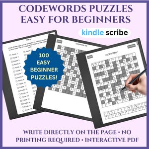 Può includere: Un Kindle Scribe mostra enigmi di Codewords con il testo "Codewords Puzzles Easy for Beginners" e "100 Easy Beginner Puzzles!". Gli enigmi sono PDF interattivi, per scrivere direttamente sulla pagina senza stampare.