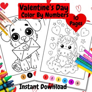 Valentijnsdag kleur op nummer | 10 afdrukbare kleurplaten voor kinderen en volwassenen | Pdf direct downloaden | Leuke vakantieactiviteit