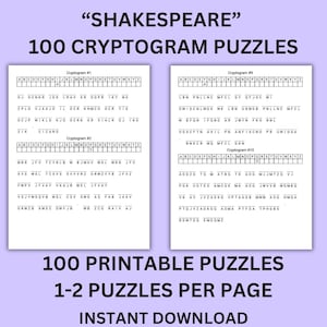 May include: A digital download featuring 100 Shakespeare-themed cryptogram puzzles. The image shows two pages of puzzles with letter grids and coded messages. Text includes "100 Cryptogram Puzzles" and "Instant Download."