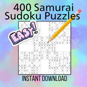 Easy Samurai Sudoku Puzzles: 400 Printable Puzzles With Solutions (Digital Download)