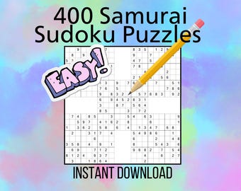 May include: A digital download of 400 easy samurai Sudoku puzzles. The image shows a sample puzzle with a pencil on it. The text "EASY!" is in a pink bubble.