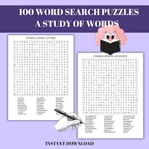 May include: A digital download featuring 100 word search puzzles with the title "A Study of Words." The image includes two puzzle pages, one focusing on double letters and the other on common misspelled words. A pen and a brain graphic reading a book are also included.