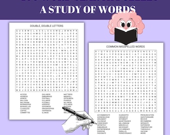 A Study of Words, 100 Challenging Word Search Puzzles for Adults, Printable Puzzles, Digital Download