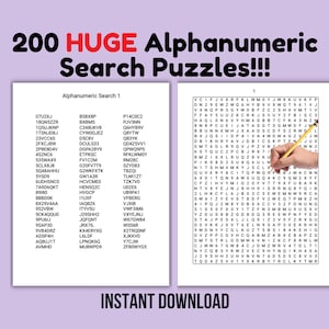 Rompecabezas alfanuméricos de búsqueda de números, 200 rompecabezas alfanuméricos de búsqueda de dos páginas, fáciles de leer y con letra grande, descarga digital instantánea