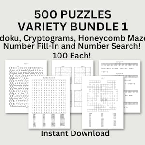 Puede incluir: Una descarga digital de 500 rompecabezas imprimibles, que incluyen Sudoku, criptogramas, laberintos de panal, rellenar números y búsqueda de números. Hay 100 de cada tipo de rompecabezas.