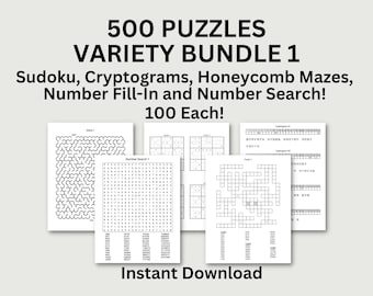 Pacote com 500 quebra-cabeças variados | Sudoku, labirintos, criptogramas, busca de números e preenchimento numérico | Livro de atividades para impressão | Download instantâneo em PDF