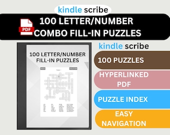 May include: A digital download of 100 letter and number fill-in puzzles. The puzzles are hyperlinked and easy to navigate. The image shows a sample puzzle with a solution.