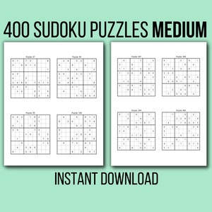 Sudoku Puzzles, 400 Medium Level Sudoku Puzzles, 400 Printable Puzzles, Instant Download