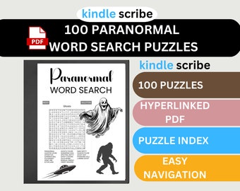 May include: A black and white image of a ghost and a Bigfoot with a word search puzzle titled "Paranormal Word Search". The image also includes the text "kindle scribe 100 Puzzles" and "Hyperlinked PDF".