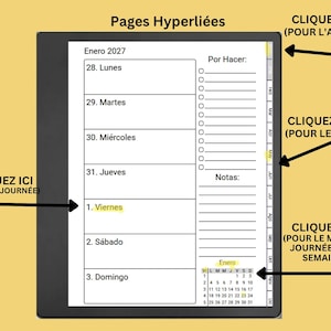 May include: A digital planner interface on a tablet screen displaying a weekly schedule for January 2027. The layout includes daily sections, a to-do list, a notes section, and a monthly calendar. Hyperlinked tabs are visible on the right side.