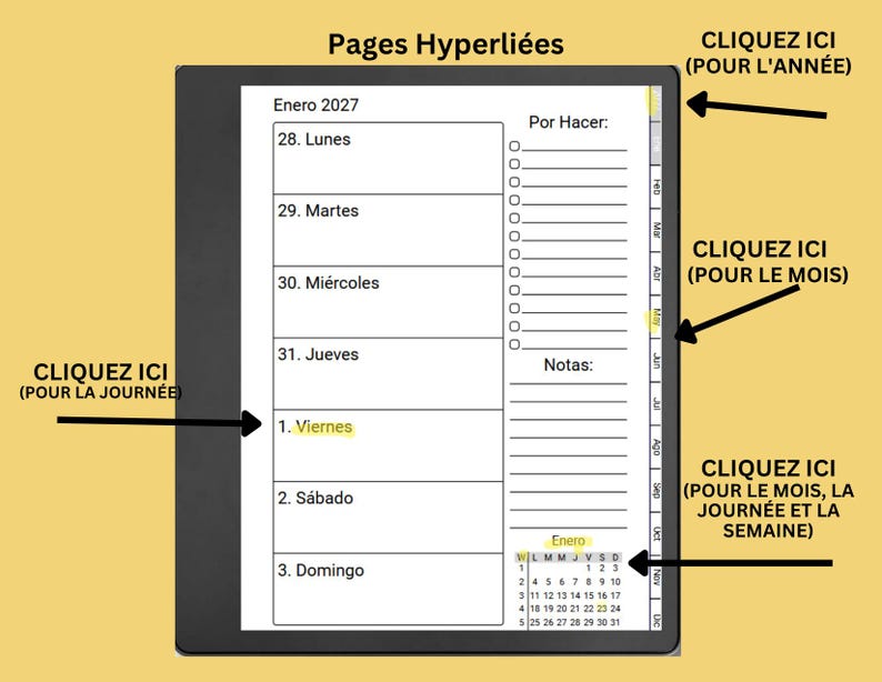 May include: A digital planner interface on a tablet screen displaying a weekly schedule for January 2027. The layout includes daily sections, a to-do list, a notes section, and a monthly calendar. Hyperlinked tabs are visible on the right side.