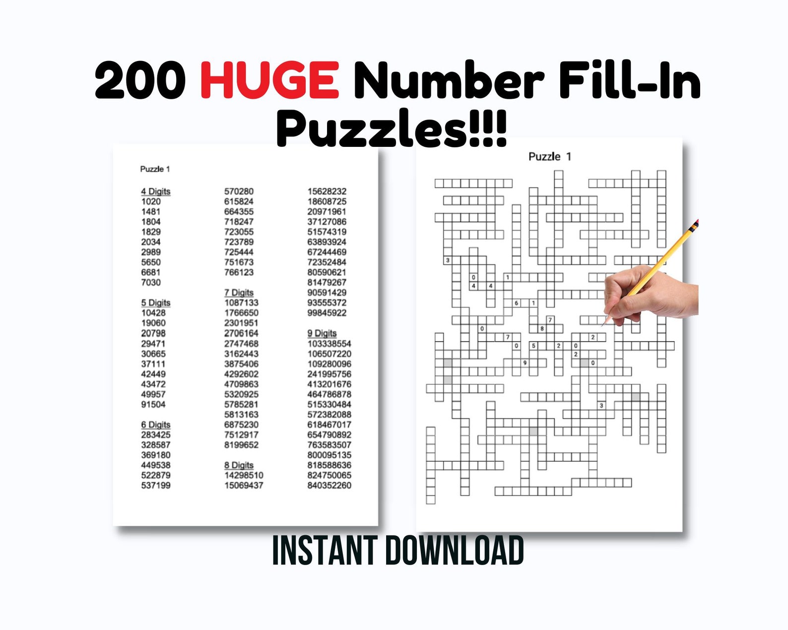 200 HUGE Two Page Printable Number Fill in Puzzle Pages for Adults ...