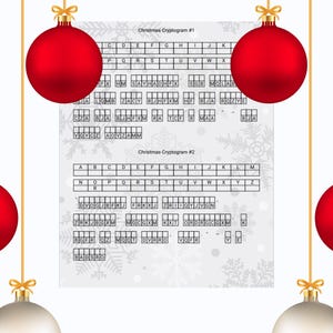 Op de afbeelding: Twee kerstcryptogrammen met een rooster van letters en een leeg rooster om de antwoorden in te vullen. De cryptogrammen zijn getiteld "Christmas Cryptogram #1" en "Christmas Cryptogram #2".